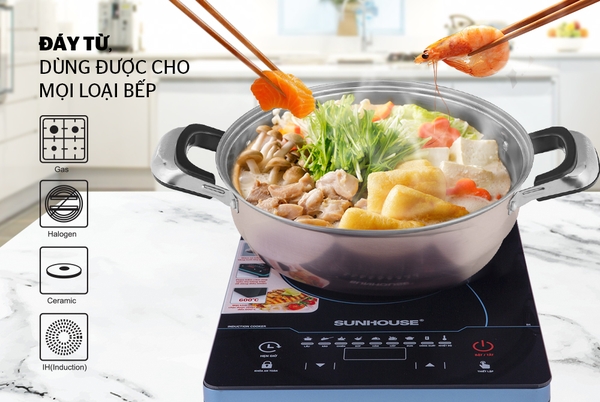 Nồi lẩu inox 1 đáy Sunhouse SHL26, Đường kính 26cm, Vung kính cường lực, Sử dụng trên mọi loại bếp