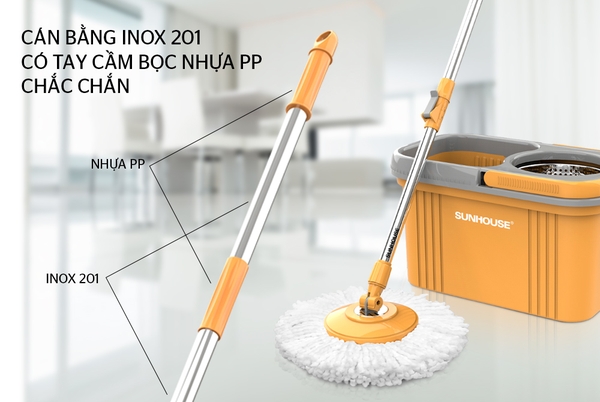Cây lau nhà xoay 360 độ Sunhouse KS-MO350I, inox chắc chắn, điều chỉnh chiều cao dễ dàng, bông lau thấm hút nước tốt