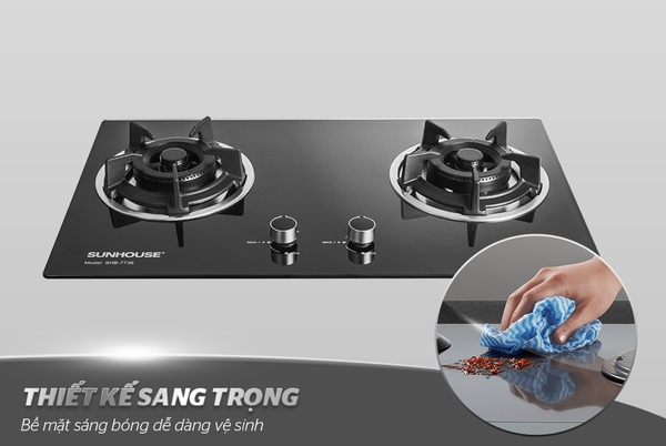 Bếp gas đôi âm kính Sunhouse SHB7736, Mặt kính cường lực dày 8mm, Kiềng Gang sơn tĩnh điện, Pep bằng đồng thau, Cảm biến tự động ngắt gas, Bảo hành 24 tháng tại nhà