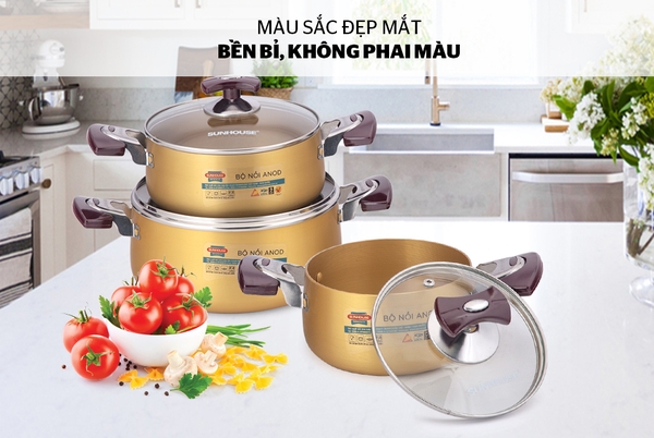 Bộ nồi Anod Sunhouse SH6634, Bộ 3 nồi size 16, 20, 24cm, Vung kính cường lực, Sử dụng bếp gas và bếp hồng ngoại