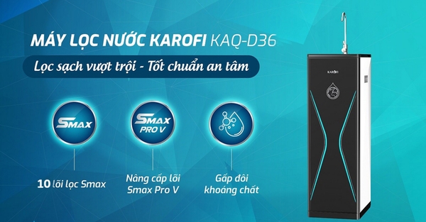 Máy lọc nước Karofi KAQ-D36, 10 lõi lọc công nghệ Smax, Màng lọc RO nhập khẩu Mỹ