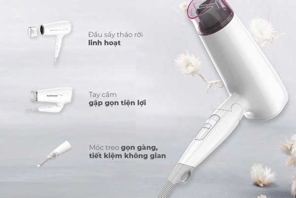 Máy sấy tóc Sunhouse SHD2309, Công suất cao 2200W sấy nhanh, thiết kế nhỏ gọn, tay cầm gập, 2 tốc độ 3 mức nhiệt, bảo hành 12 tháng