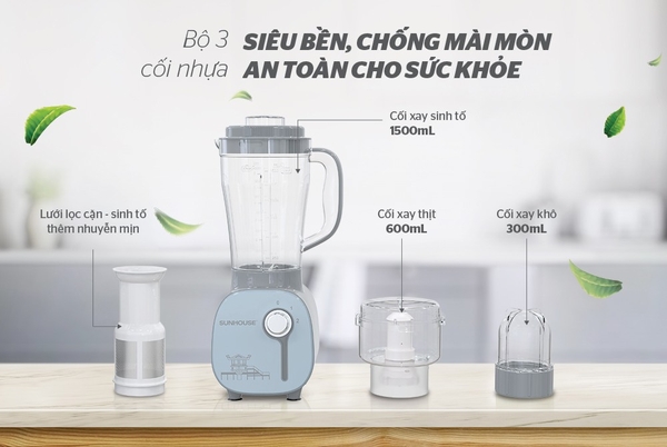 Máy xay sinh tố đa năng Sunhouse SHD5312B - Công suất 350W, Bộ 3 cối nhựa siêu bền, an toàn cho sức khỏe, Bảo hành 12 tháng