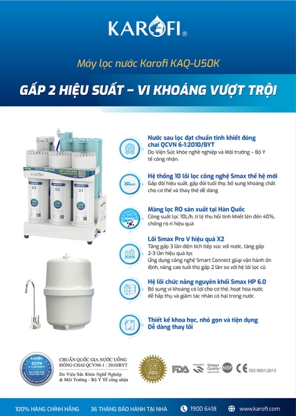 Máy lọc nước RO 10 lõi Karofi KAQ-U50K, Lõi lọc công nghệ Smax gấp 2 hiệu suất, gấp 2 tuổi thọ