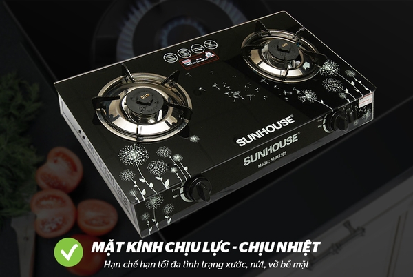 Bếp gas dương kính Sunhouse SHB3365, Mặt kính cường lực, Pep đồng, Kiềng thép tráng men, Hệ thống đánh lửa Magneto, Bảo hành 12 tháng