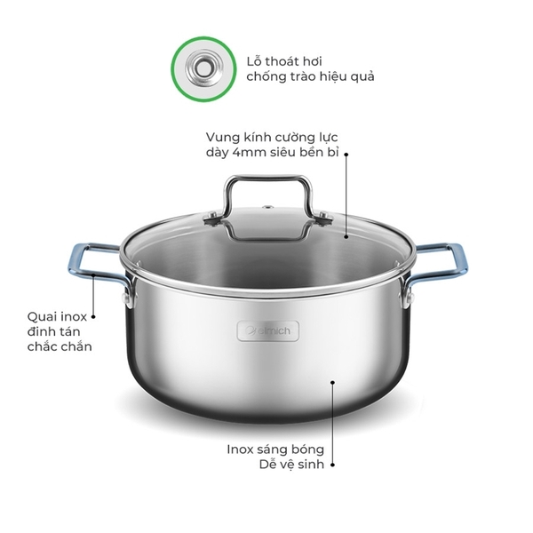 Bộ nồi inox liền khối Elmich Trimax XR EL-3843 - Size 16, 20, 24cm, Chất liệu inox 304, Sản xuất theo công nghệ mới với 3 lớp liền thân, Bảo hành 24 tháng