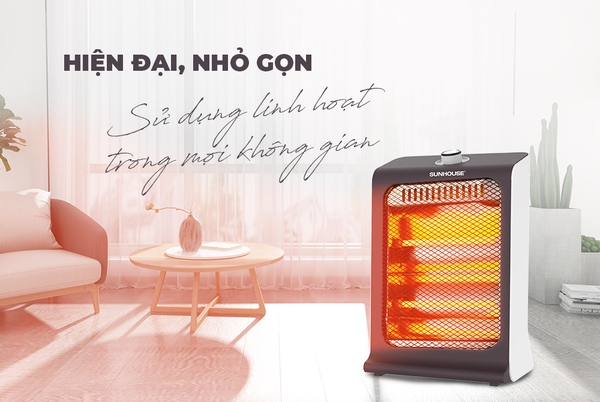 Sưởi điện hồng ngoại 2 bóng Sunhouse SHD7023, thiết kế nhỏ gọn, công suất 600W, Làm ấm cực nhanh, không gây khô da, tự động ngắt điện khi bị nghiêng đổ