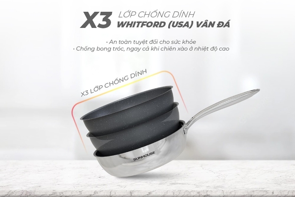 Chảo inox nguyên khối Sunhouse Desire DE26M - Đường kính 26cm, Inox 2 lớp nguyên khối, dày gấp 4 lần chảo inox thông thường