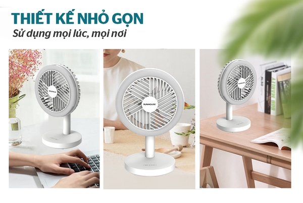 Quạt tích điện Mini Sunhouse SHD7114, Công suất 12W, Pin Lithium cao cấp sử dụng lên tới 7 giờ, Tích hợp đèn led siêu sáng, Bảo hành 12 tháng