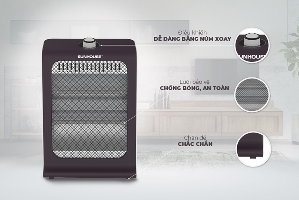 Sưởi điện hồng ngoại 2 bóng Sunhouse SHD7023, thiết kế nhỏ gọn, công suất 600W, Làm ấm cực nhanh, không gây khô da, tự động ngắt điện khi bị nghiêng đổ