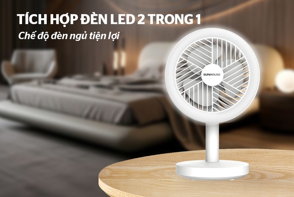Quạt tích điện Mini Sunhouse SHD7114, Công suất 12W, Pin Lithium cao cấp sử dụng lên tới 7 giờ, Tích hợp đèn led siêu sáng, Bảo hành 12 tháng