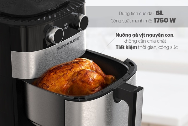 Nồi chiên không dầu Sunhouse SHD4026, Công suất 1750W, Dung tích 6 Lít, Lòng nồi phủ chống dính Whiford, Điều khiển núm xoay, Bảo hành 1 năm