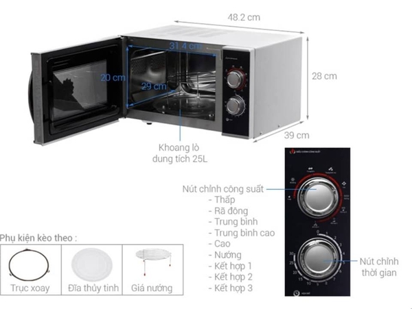 Lò vi sóng Sunhouse SHD4820, Công suất 1200W, Dung tích 20 lít, Bảng điều khiển bằng núm xoay, Có chức năng nướng, Bảo hành 12 tháng