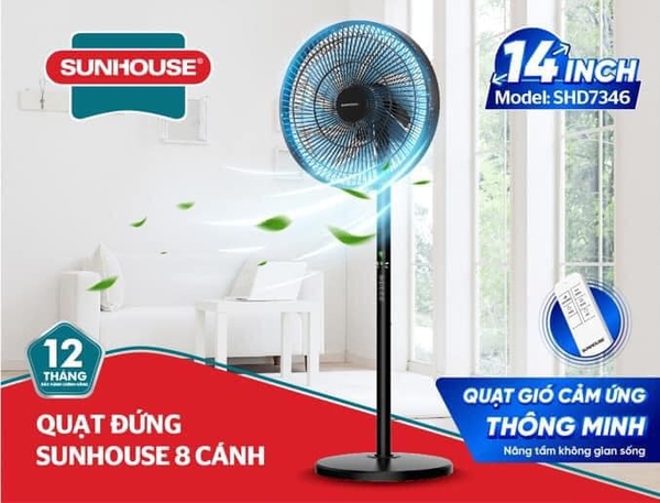 Quạt đứng 8 cánh Sunhouse SHD7346, Công suất 60W, 3 chế độ gió, Hẹn giờ linh hoạt, Điều khiển cảm ứng, Có điều khiển từ xa, Bảo hành 12 tháng