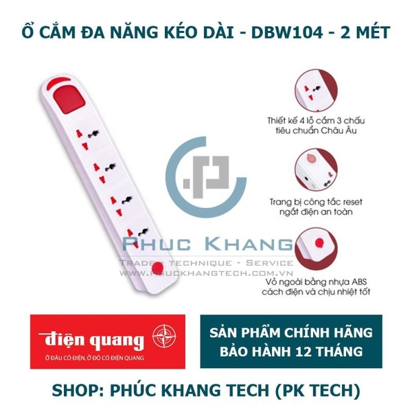 Ổ cắm Điện Quang ĐQ ESK 2W DBW104, 62228056 - Ổ cắm chịu nhiệt, 4 lỗ 3 chấu, Cống suất 2500W, Dây dài 2m