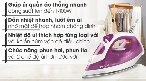 Bàn là hơi Philips GC1426, Công suất 1400W, Mặt bàn là hợp kim nhôm phủ chống dính Tèlon, Tự ngắt khi quá nhiệt, Bảo hành 2 năm