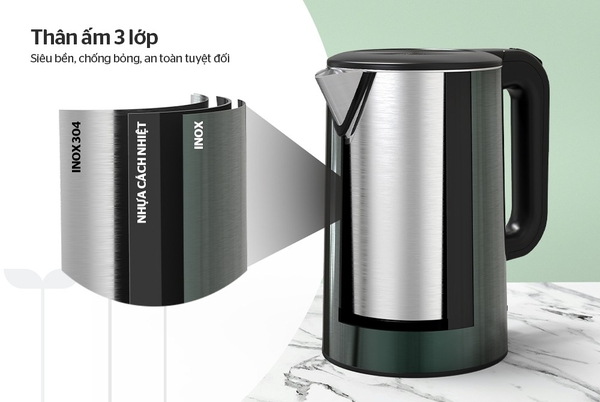 Ấm siêu tốc 3 lớp Sunhouse Mama SHD1389, Công suất cao 1850W, Dung tích 1.8 Lít, Bộ điều khiển Strix tiêu chuẩn Châu Âu, độ bền tới 10.000 lần, bảo hành 24 tháng