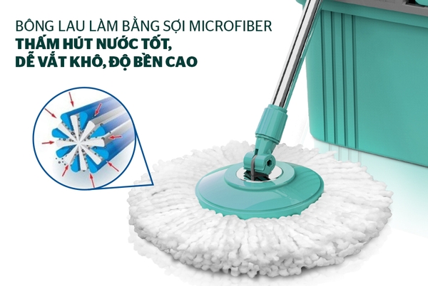 Bộ lau nhà Sunhouse Happy Time KH-CL330S, Chất liệu nhựa an toàn cho sức khỏe, Lồng inox siêu bền, Bông lau bằng sợi Microfiber thấm hút nước