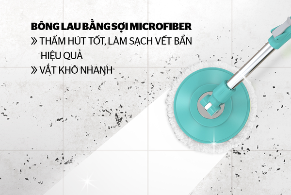 Cây lau nhà xoay 360 độ Sunhouse Happy Time KH-MO330IB - Chất liệu nhựa PP siêu bền, Tay cầm bằng inox, Bông lau thâm hút nhanh