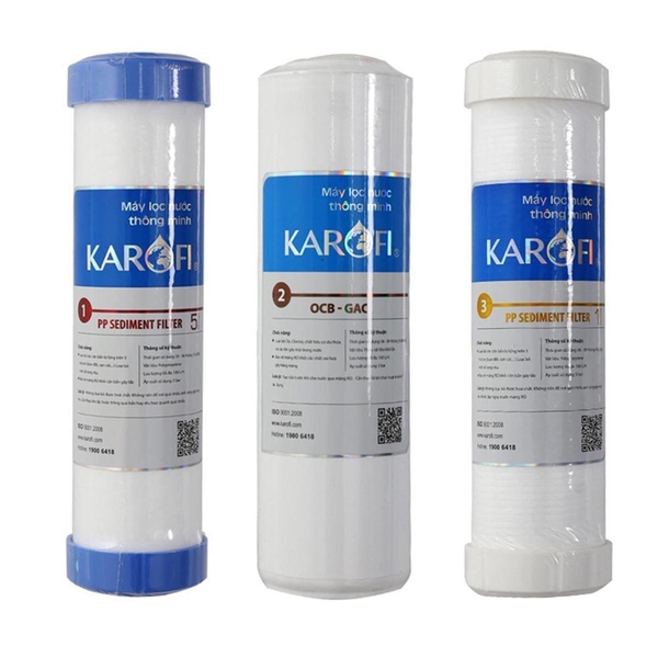 Bộ 3 lõi lọc nước Karofi số 123, Loại bỏ bùn đất, gỉ sét, mùi clo, kim loại nặng, Thời gian thay lõi 6 tháng
