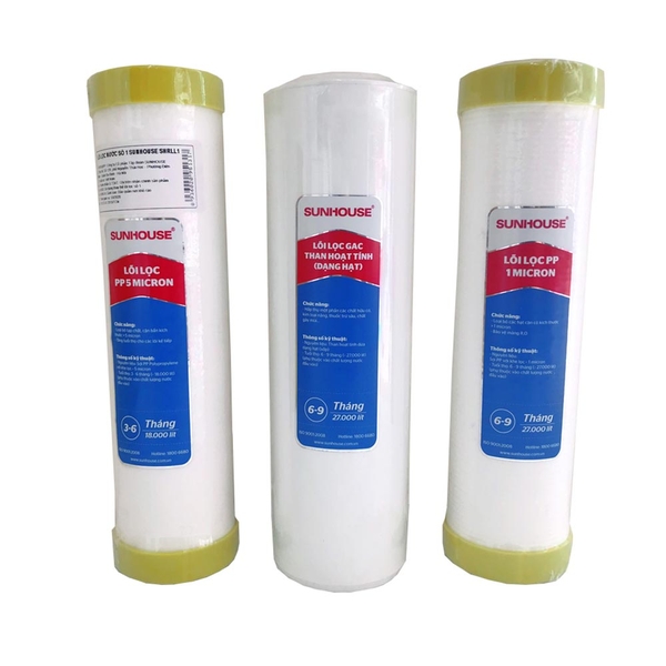 Bộ 3 lõi lọc nước Sunhouse số 123, Loại bỏ bùn đất, gỉ sét, mùi clo, kim loại nặng, Thời gian thay lõi 6 tháng