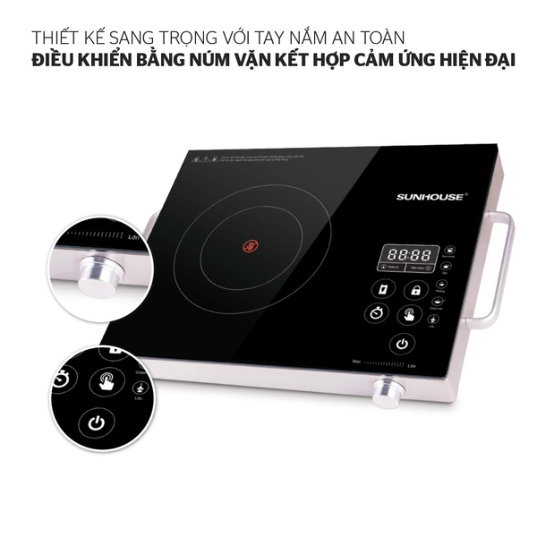 Bếp hồng ngoại cảm ứng Sunhouse SHD6017, Công suất 2000W, Mặt kính cường lực siêu bền, Bảng điều khiển cảm ứng, Tặng kèm vỉ nướng, Bảo hành 12 tháng