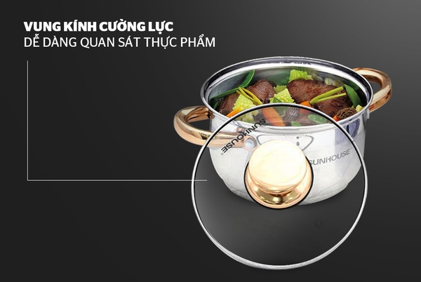 Bộ nồi inox 5 đáy Sunhouse SH781, Bộ 3 nồi size 16, 20, 24cm, Chất liệu inox cao cấp, Vung kính cường lực, Sử dụng trên mọi loại bếp