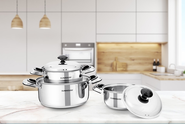 Bộ nồi inox 3 đáy Sunhouse SH333, Bộ 3 nồi size 16, 20, 24cm, Vung inox siêu bền, Sử dụng trên mọi loại bếp