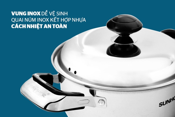 Bộ nồi inox 3 đáy Sunhouse SH333, Bộ 3 nồi size 16, 20, 24cm, Vung inox siêu bền, Sử dụng trên mọi loại bếp