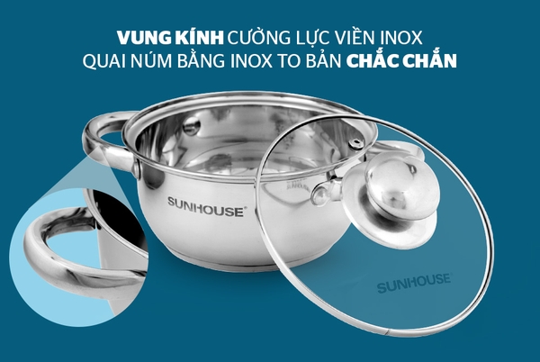 NỒI INOX 3 ĐÁY SUNHOUSE SH334 - Size 20cm