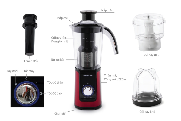 Máy xay sinh tố Sunhouse SHD5322, Công suất 220W, Dung tích 1,25 Lít, Say đa năng, Lười dao inox sắc bén, Bảo hành 12 tháng
