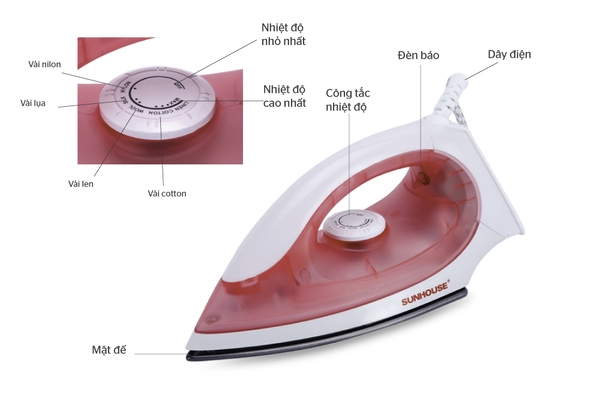 Bàn là khô Sunhouse SHD1072, Công suất 1200W, Mặt bàn là phủ chống dính siêu bền, Cảm biến tự động ngắt khi quá nhiệt, Bảo hành 12 tháng