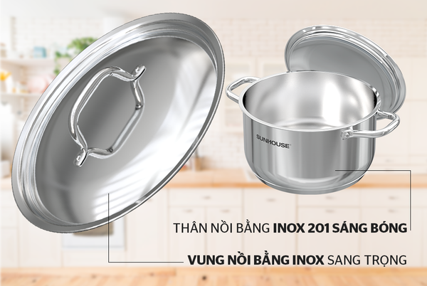 Bộ nồi chảo inox 5 đáy Sunhouse SHG995, Bộ 3 nồi size 16, 20, 24cm, Chảo size 24cm, Xửng hấp size 24cm, Vung inox siêu bền, Sử dụng trên mọi loại bếp