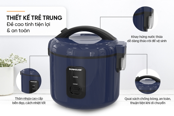 Nồi cơm điện Sunhouse SHD8213, Công suất 500W, Dung tích 1.2 Lít, Lòng nồi hợp kim nhôm phủ chống dính PTFE, Điều khiển nút gạt, Bảo hành 12 tháng