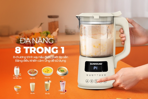 Máy làm sữa hạt đa năng Sunhouse SHD5261, Công suất 400W, Dung tích 1000ml, Cối thủy tinh, Lưỡi dao 8 cánh inox siêu bền, 8 chế độ nấu, Bảo hành 12 tháng