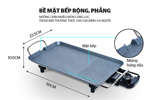 Bếp nướng điện Sunhouse SHD4609, Công suất 1500W, Mặt bếp phủ chống dính Whitford, Điều khiển núm xoay, Bảo hành 12 tháng