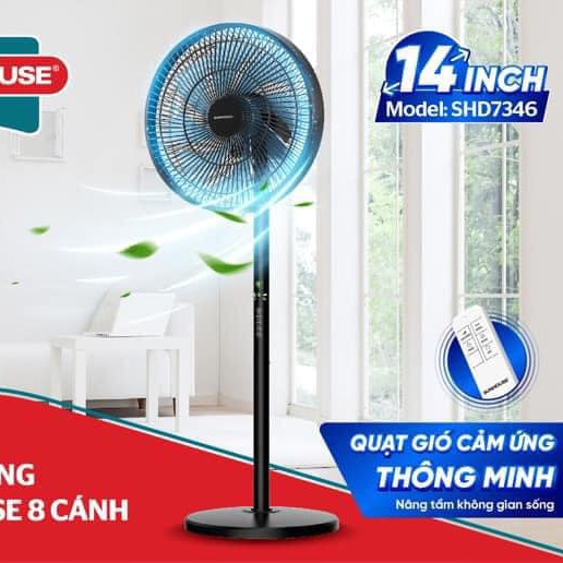 Quạt đứng 8 cánh Sunhouse SHD7346, Công suất 60W, 3 chế độ gió, Hẹn giờ linh hoạt, Điều khiển cảm ứng, Có điều khiển từ xa, Bảo hành 12 tháng