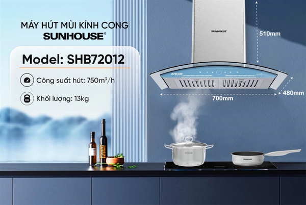 Máy hút mùi kính cong SHB72012, Công suất 170W, Kính chịu nhiệt siêu bền, Điều khiển cảm ứng và vẫy tay, Bảo hành 18 tháng tại nhà