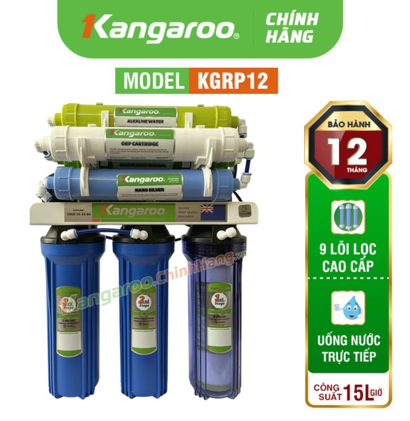 MÁY LỌC NƯỚC KANGAROO KGRP12, Có 9 cấp lọc, Công suất lọc 15 lít/1h, Tự động sục rửa lõi lọc số 4, Bảo hành tại nhà