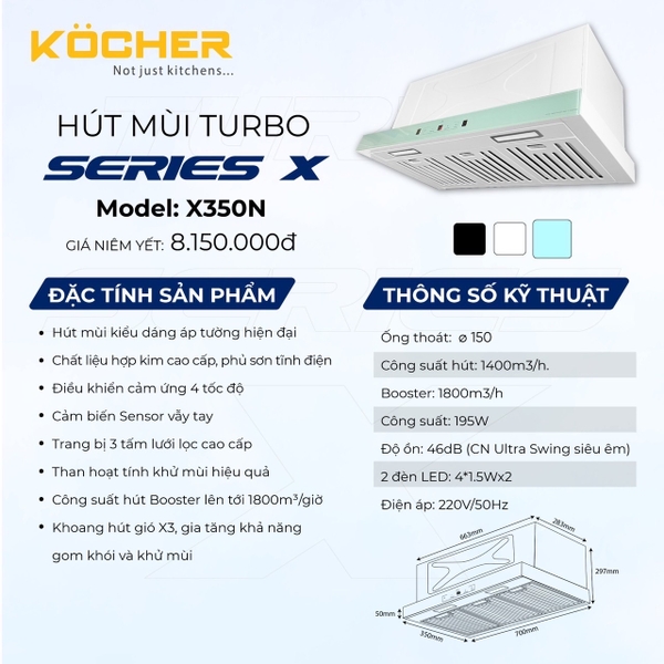 Máy hút mùi âm tủ Kocher Turbo SerieS X-350N, Công suất 195W, Công suất 1800m3/h, Điều khiểm cảm ứng với 4 tốc độ, Chế độ cảm biến vẫy tay, Bảo hành 3 năm tại nhà