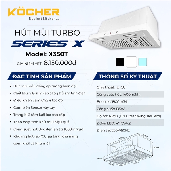 Máy hút mùi âm tủ Kocher Turbo SerieS X-350T, Công suất 195W, Công suất 1800m3/h, Điều khiểm cảm ứng với 4 tốc độ, Chế độ cảm biến vẫy tay, Bảo hành 3 năm tại nhà