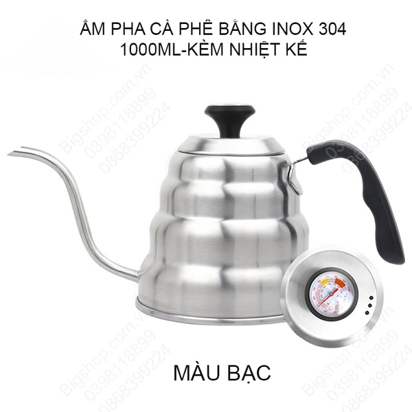 Ấm pha cà phê cổ ngỗng 1000ml làm bằng Inox 304 cao cấp, nắp có nhiệt kế