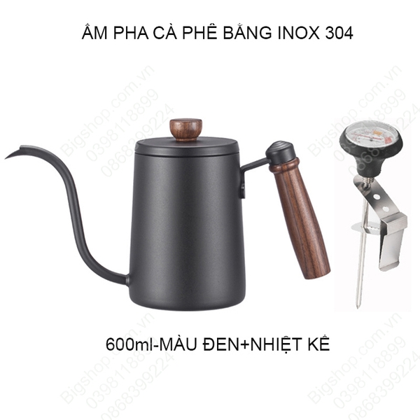 Ấm pha cà phê cổ ngỗng 600ml làm bằng Inox 304 cao cấp, loại có nhiệt kế hoặc không tùy chọn