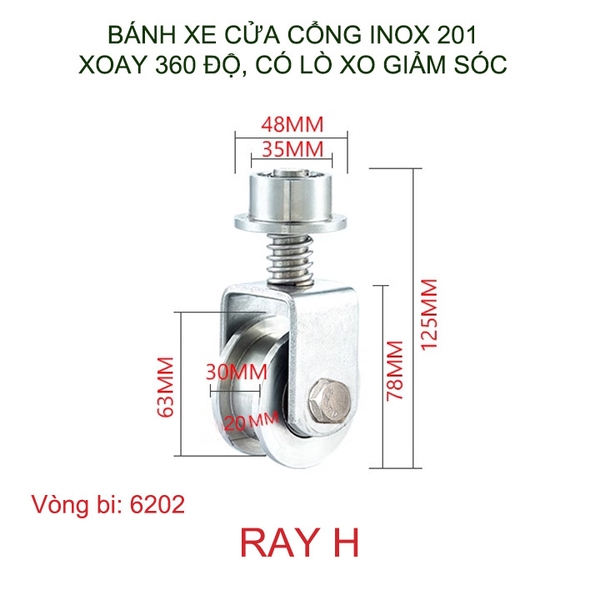 Bánh xe cho cửa cổng trượt, lùa bằng inox 201, loại có lò xo, xoay 360 độ, Kích thước 30x63mm