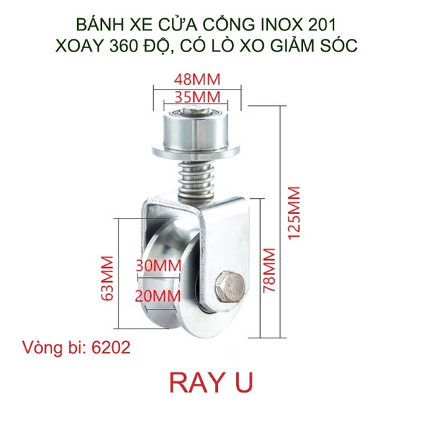 Bánh xe cho cửa cổng trượt, lùa bằng inox 201, loại có lò xo, xoay 360 độ, Kích thước 30x63mm