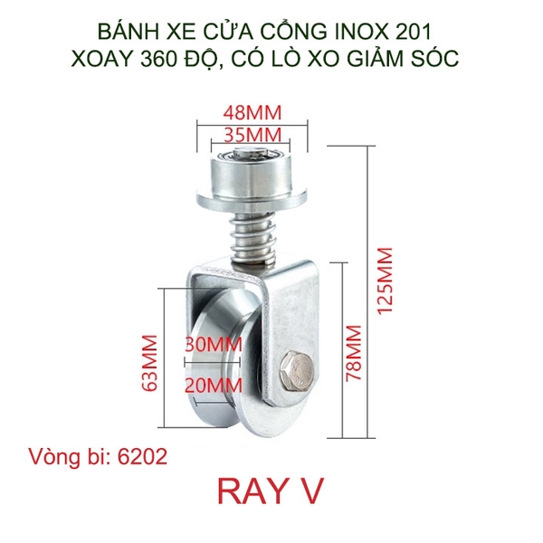 Bánh xe cho cửa cổng trượt, lùa bằng inox 201, loại có lò xo, xoay 360 độ, Kích thước 30x63mm