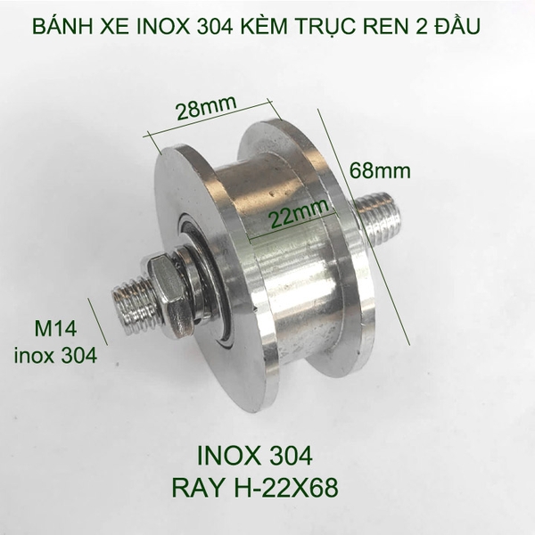 01 Bánh xe cho cửa cổng trượt, cửa lùa kèm trục ren 2 đầu, bằng inox 201-304, loại 22x68mm, Hình U, V, H tùy chọn