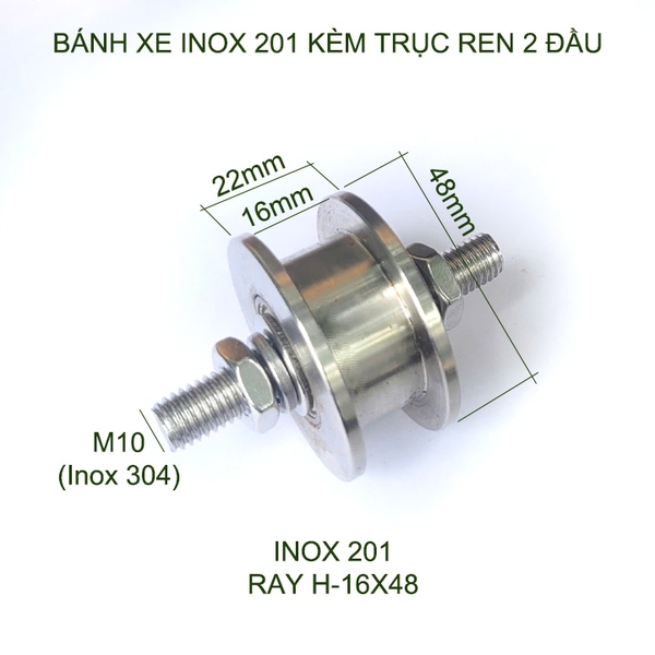 01 Bánh xe cho cửa cổng trượt, cửa lùa kèm trục ren 2 đầu, bằng inox 201-304, loại 16x48mm, Hình U, V, H tùy chọn