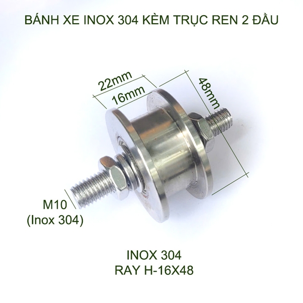 01 Bánh xe cho cửa cổng trượt, cửa lùa kèm trục ren 2 đầu, bằng inox 201-304, loại 16x48mm, Hình U, V, H tùy chọn