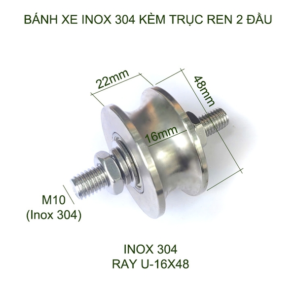 01 Bánh xe cho cửa cổng trượt, cửa lùa kèm trục ren 2 đầu, bằng inox 201-304, loại 16x48mm, Hình U, V, H tùy chọn